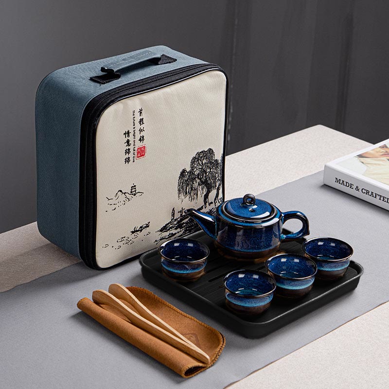 Buddha Stones Blu Gradiente Colore Cinese Gongfu Tè Teiera in Ceramica Portatile Sacchetto Regalo Scatola Set - 1 teiera + 4 tazze + vassoio + borsa - image 8
