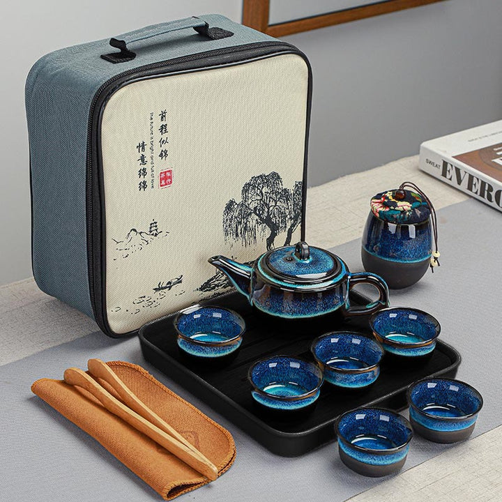 Buddha Stones Blu Gradiente Colore Cinese Gongfu Tè Teiera in Ceramica Portatile Sacchetto Regalo Scatola Set - 1 teiera + 6 tazze + 1 lattina + vassoio + borsa - image 13