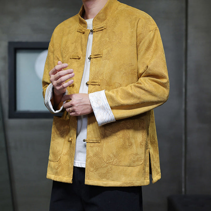 Buddha Stones da uomo con bottoni a forma di rana, camicia con tasche, abito cinese di Capodanno, stampa Kirin - image 7