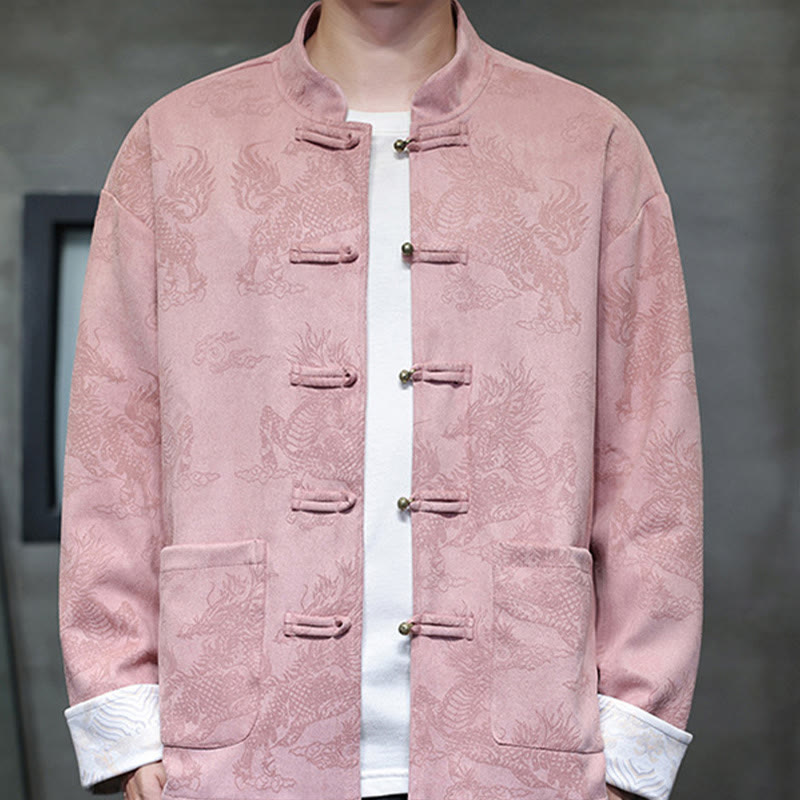 Buddha Stones da uomo con bottoni a forma di rana, camicia con tasche, abito cinese di Capodanno, stampa Kirin - image 34