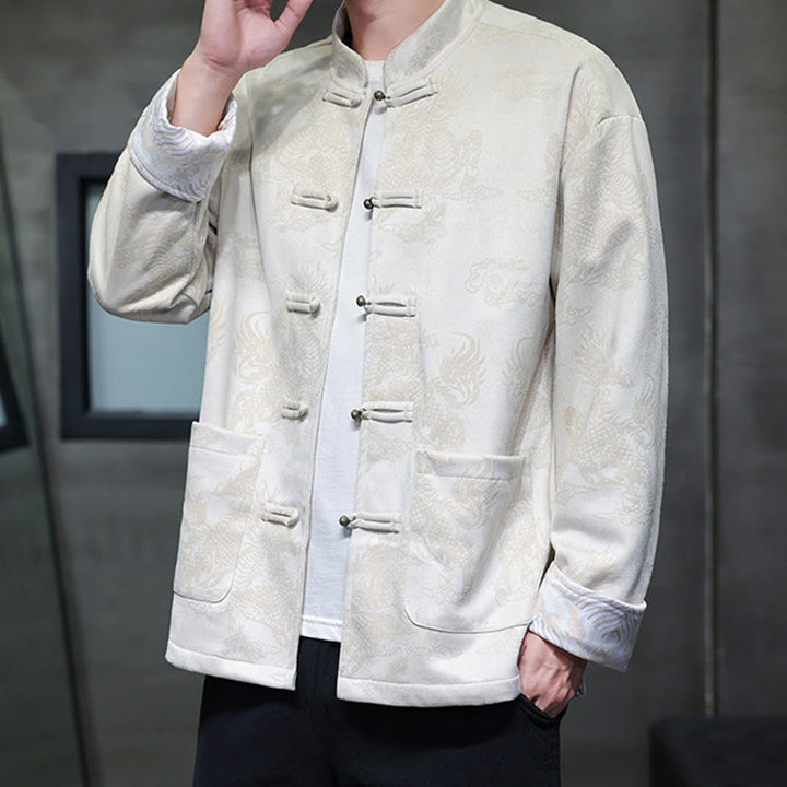 Buddha Stones da uomo con bottoni a forma di rana, camicia con tasche, abito cinese di Capodanno, stampa Kirin - image 24