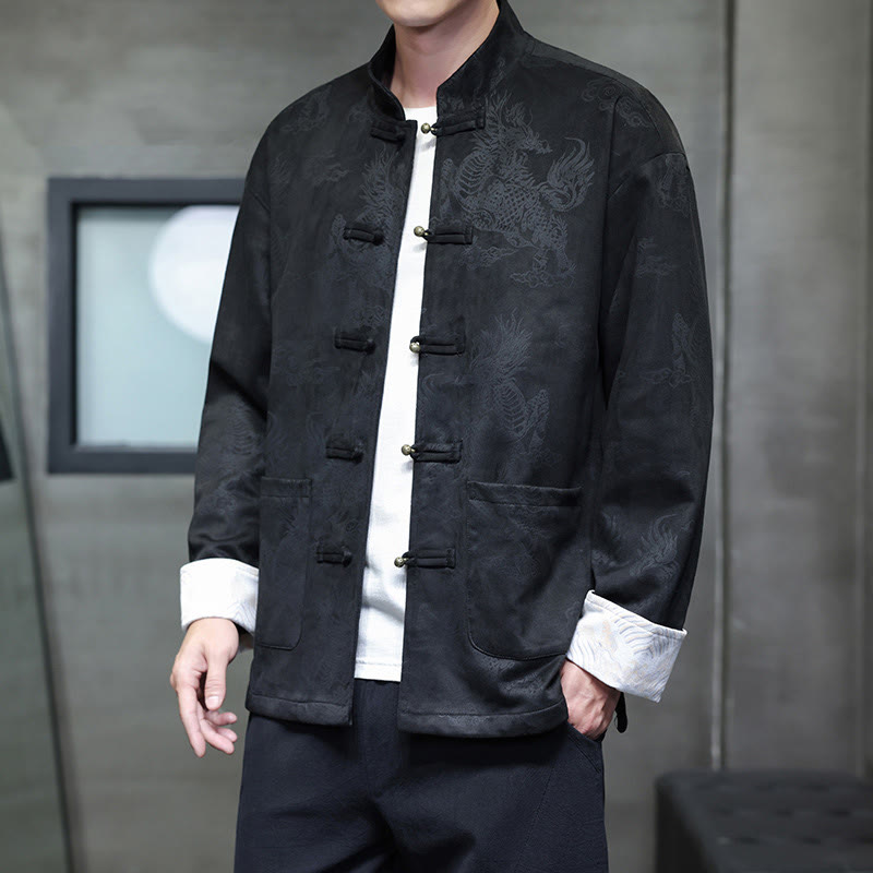 Buddha Stones da uomo con bottoni a forma di rana, camicia con tasche, abito cinese di Capodanno, stampa Kirin