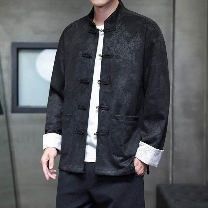 Buddha Stones da uomo con bottoni a forma di rana, camicia con tasche, abito cinese di Capodanno, stampa Kirin