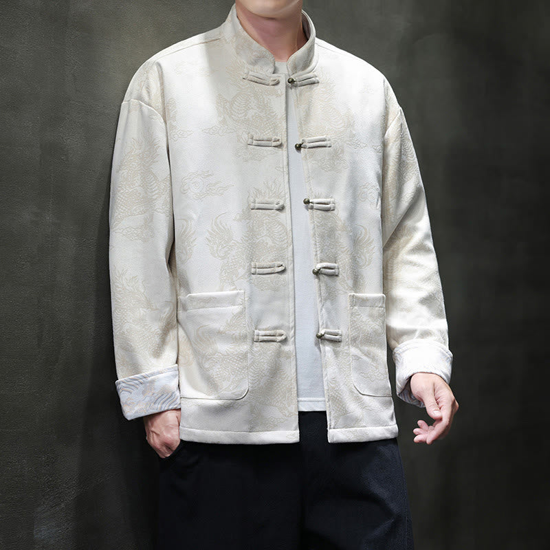 Buddha Stones da uomo con bottoni a forma di rana, camicia con tasche, abito cinese di Capodanno, stampa Kirin