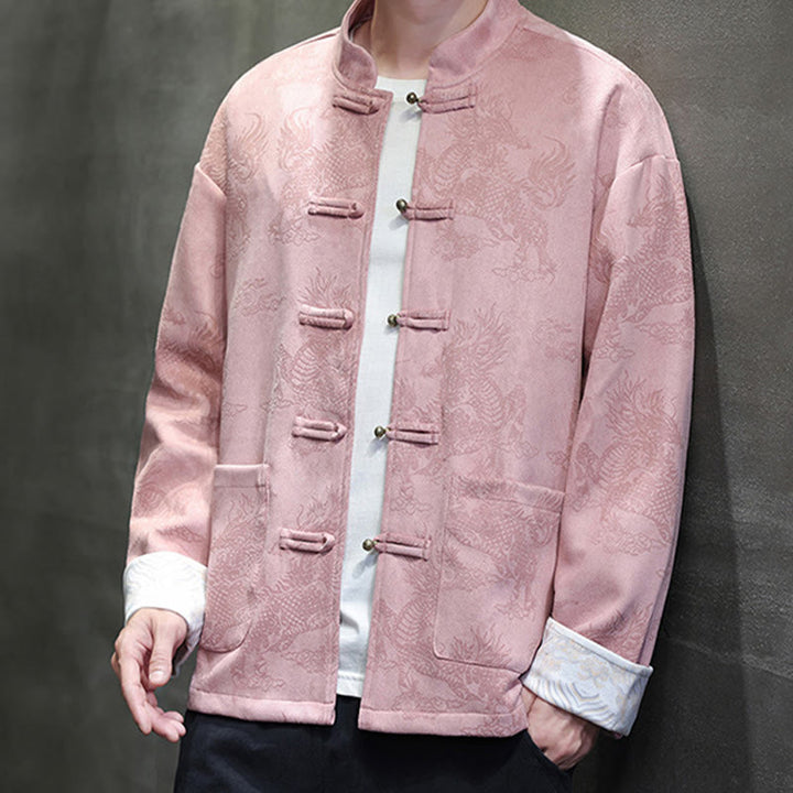 Buddha Stones da uomo con bottoni a forma di rana, camicia con tasche, abito cinese di Capodanno, stampa Kirin