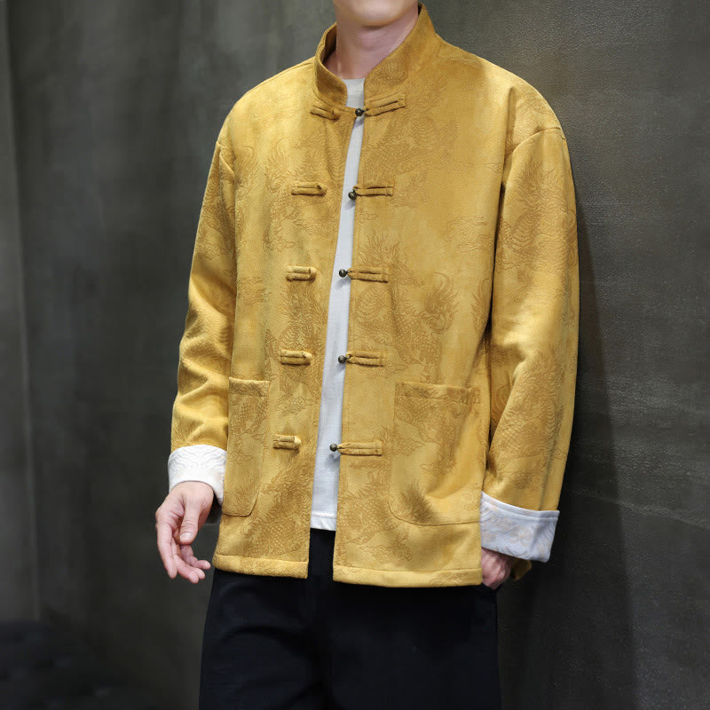 Buddha Stones da uomo con bottoni a forma di rana, camicia con tasche, abito cinese di Capodanno, stampa Kirin