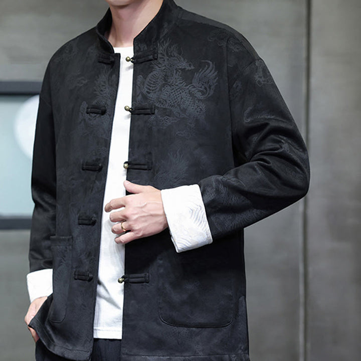 Buddha Stones da uomo con bottoni a forma di rana, camicia con tasche, abito cinese di Capodanno, stampa Kirin