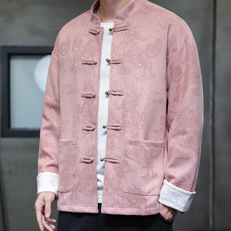 Buddha Stones da uomo con bottoni a forma di rana, camicia con tasche, abito cinese di Capodanno, stampa Kirin