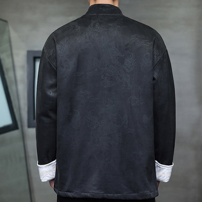Buddha Stones da uomo con bottoni a forma di rana, camicia con tasche, abito cinese di Capodanno, stampa Kirin