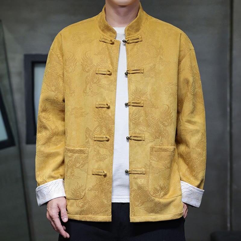 Buddha Stones da uomo con bottoni a forma di rana, camicia con tasche, abito cinese di Capodanno, stampa Kirin - Giallo - US/UK/AU46, EU56 (5XL) - image 1