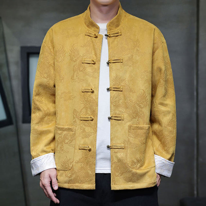 Buddha Stones da uomo con bottoni a forma di rana, camicia con tasche, abito cinese di Capodanno, stampa Kirin - Giallo - US/UK/AU46, EU56 (5XL) - image 1