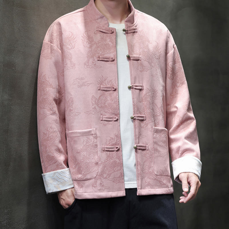 Buddha Stones da uomo con bottoni a forma di rana, camicia con tasche, abito cinese di Capodanno, stampa Kirin