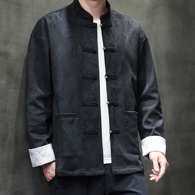 Buddha Stones da uomo con bottoni a forma di rana, camicia con tasche, abito cinese di Capodanno, stampa Kirin - image 19