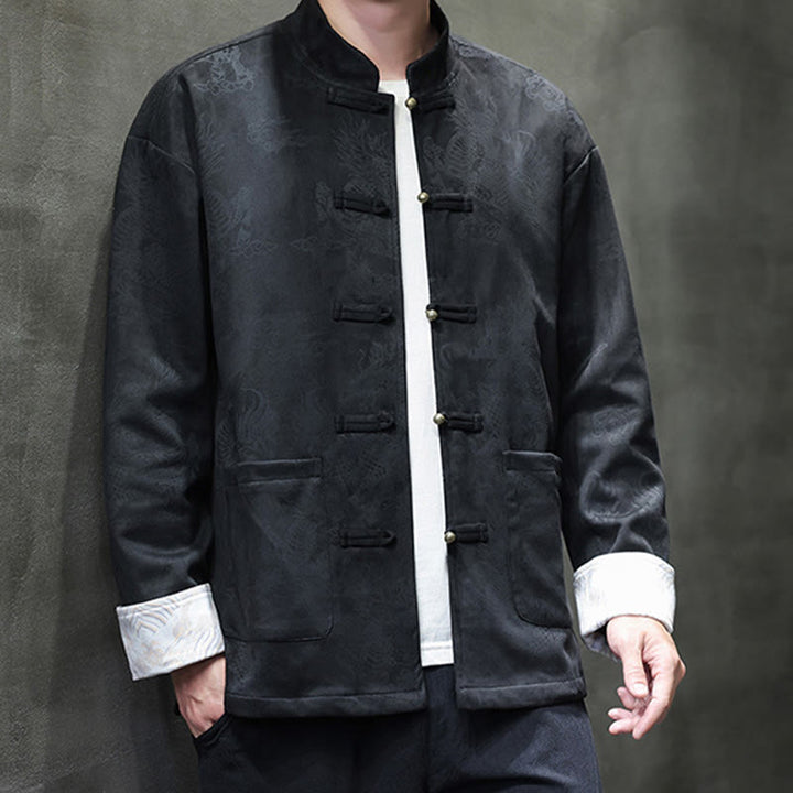 Buddha Stones da uomo con bottoni a forma di rana, camicia con tasche, abito cinese di Capodanno, stampa Kirin - image 19