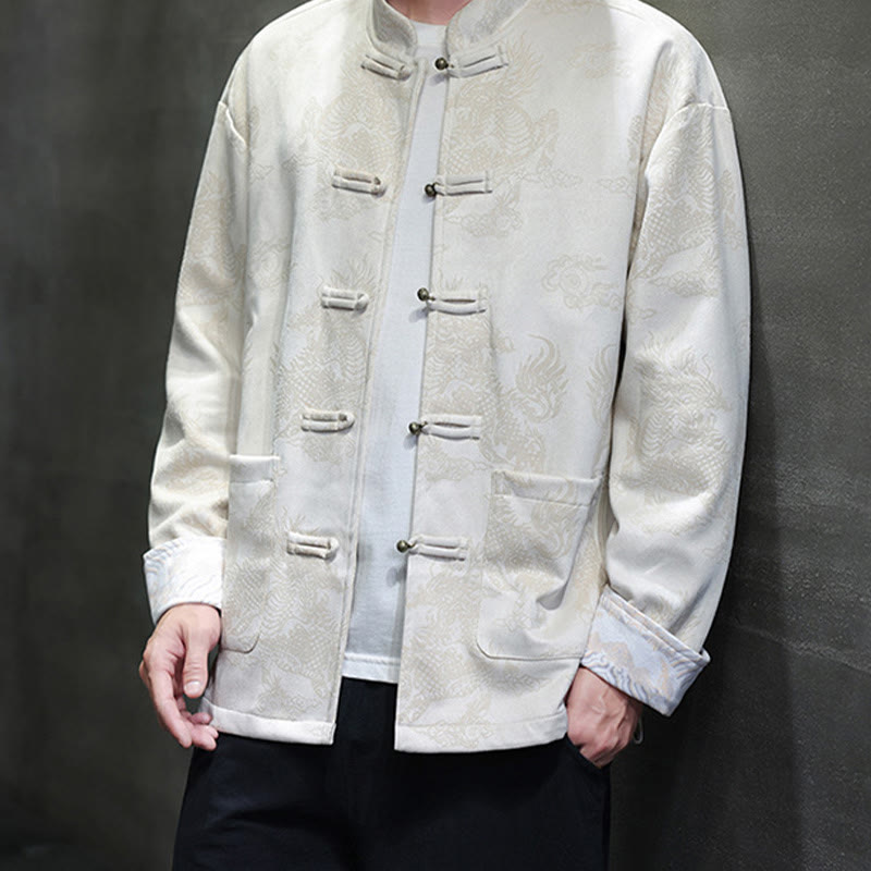 Buddha Stones da uomo con bottoni a forma di rana, camicia con tasche, abito cinese di Capodanno, stampa Kirin