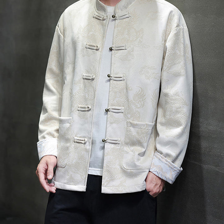 Buddha Stones da uomo con bottoni a forma di rana, camicia con tasche, abito cinese di Capodanno, stampa Kirin