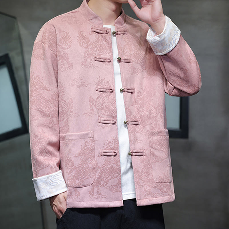 Buddha Stones da uomo con bottoni a forma di rana, camicia con tasche, abito cinese di Capodanno, stampa Kirin - image 32