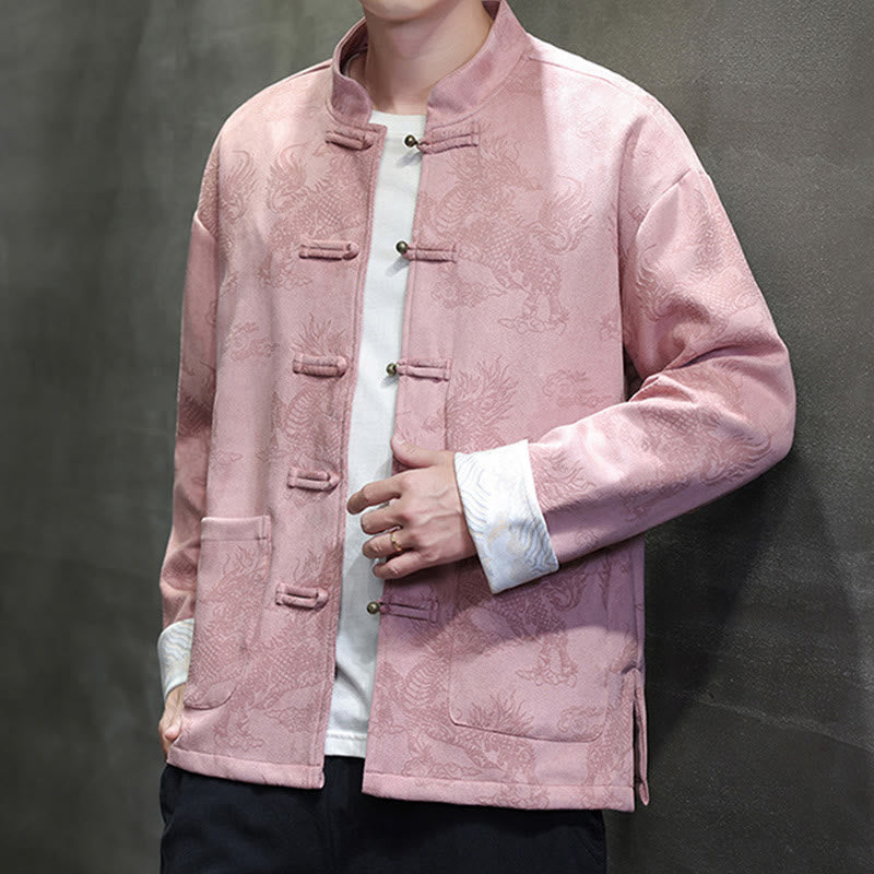 Buddha Stones da uomo con bottoni a forma di rana, camicia con tasche, abito cinese di Capodanno, stampa Kirin - image 30