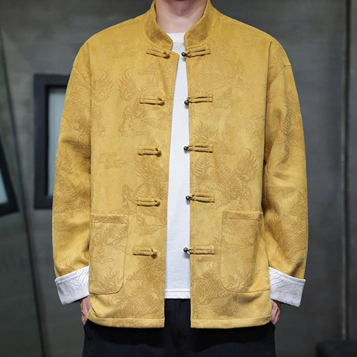 Buddha Stones da uomo con bottoni a forma di rana, camicia con tasche, abito cinese di Capodanno, stampa Kirin - image 0