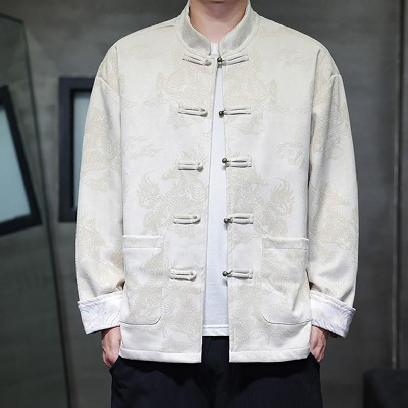 Buddha Stones da uomo con bottoni a forma di rana, camicia con tasche, abito cinese di Capodanno, stampa Kirin