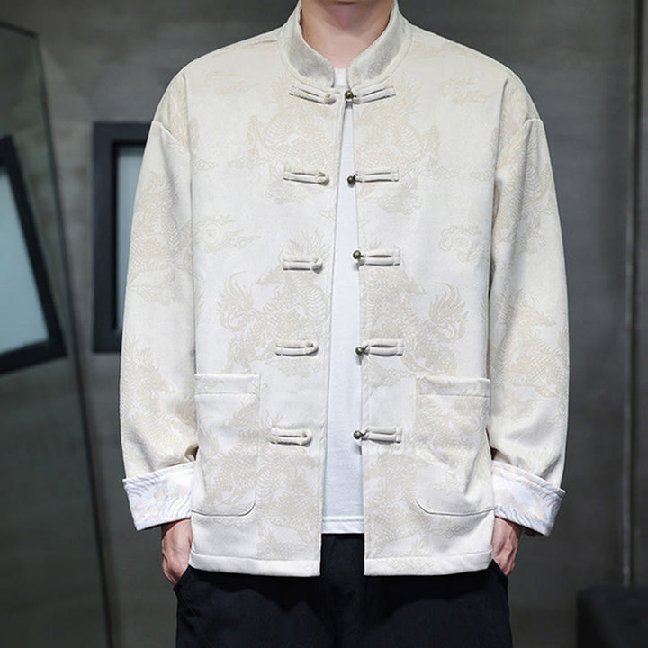 Buddha Stones da uomo con bottoni a forma di rana, camicia con tasche, abito cinese di Capodanno, stampa Kirin