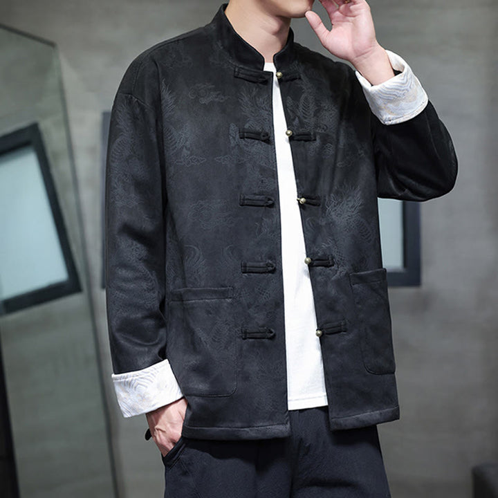 Buddha Stones da uomo con bottoni a forma di rana, camicia con tasche, abito cinese di Capodanno, stampa Kirin - image 20