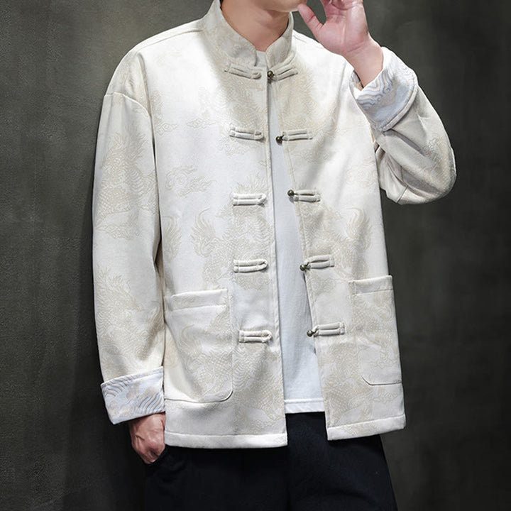 Buddha Stones da uomo con bottoni a forma di rana, camicia con tasche, abito cinese di Capodanno, stampa Kirin - image 27