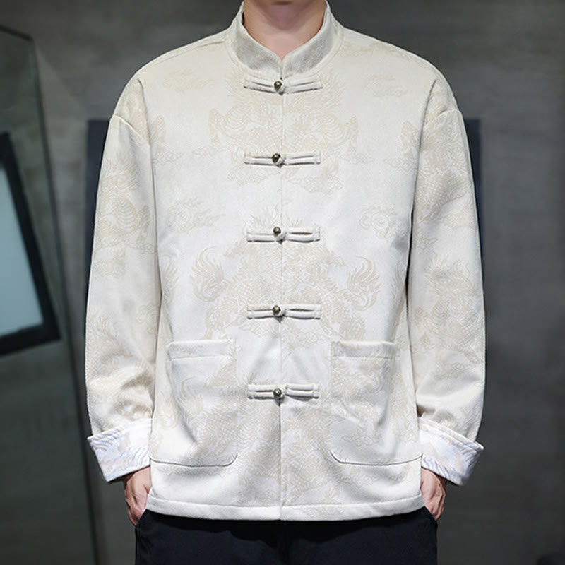 Buddha Stones da uomo con bottoni a forma di rana, camicia con tasche, abito cinese di Capodanno, stampa Kirin