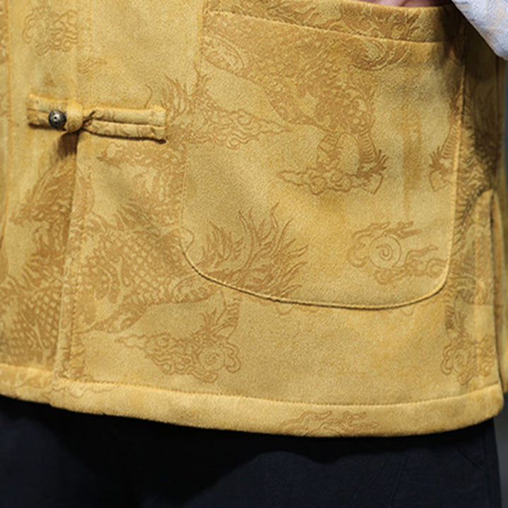 Buddha Stones da uomo con bottoni a forma di rana, camicia con tasche, abito cinese di Capodanno, stampa Kirin