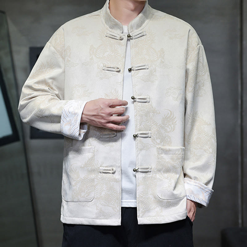 Buddha Stones da uomo con bottoni a forma di rana, camicia con tasche, abito cinese di Capodanno, stampa Kirin