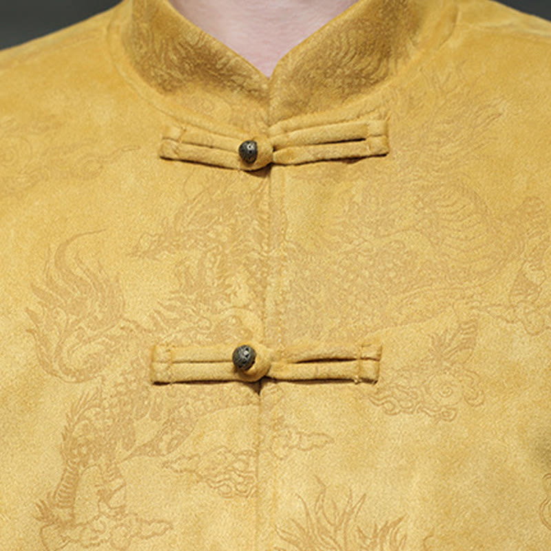 Buddha Stones da uomo con bottoni a forma di rana, camicia con tasche, abito cinese di Capodanno, stampa Kirin