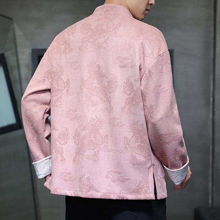 Buddha Stones da uomo con bottoni a forma di rana, camicia con tasche, abito cinese di Capodanno, stampa Kirin - image 33