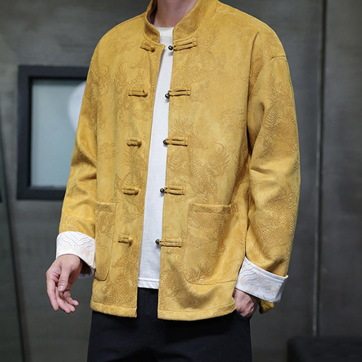 Buddha Stones da uomo con bottoni a forma di rana, camicia con tasche, abito cinese di Capodanno, stampa Kirin - image 6