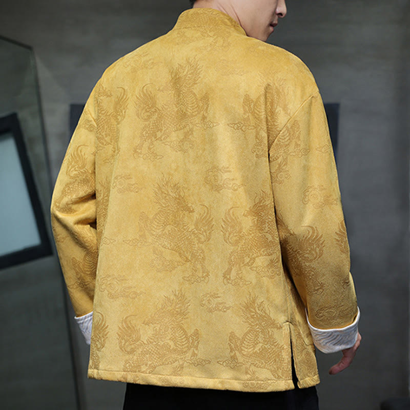 Buddha Stones da uomo con bottoni a forma di rana, camicia con tasche, abito cinese di Capodanno, stampa Kirin