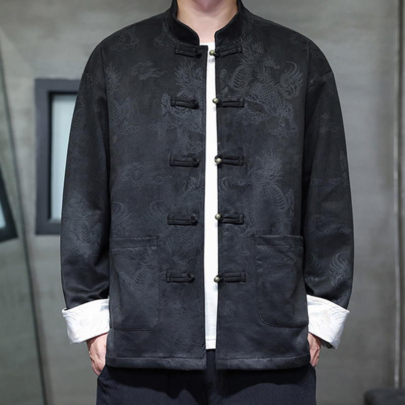 Buddha Stones da uomo con bottoni a forma di rana, camicia con tasche, abito cinese di Capodanno, stampa Kirin