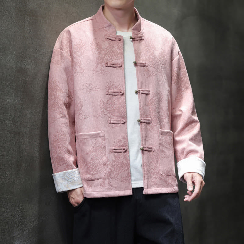 Buddha Stones da uomo con bottoni a forma di rana, camicia con tasche, abito cinese di Capodanno, stampa Kirin - image 36