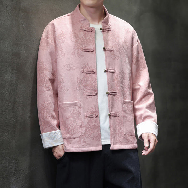 Buddha Stones da uomo con bottoni a forma di rana, camicia con tasche, abito cinese di Capodanno, stampa Kirin - image 36