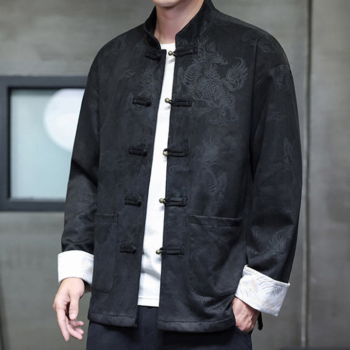 Buddha Stones da uomo con bottoni a forma di rana, camicia con tasche, abito cinese di Capodanno, stampa Kirin