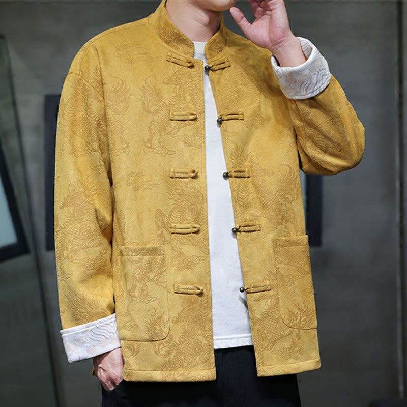 Buddha Stones da uomo con bottoni a forma di rana, camicia con tasche, abito cinese di Capodanno, stampa Kirin - image 2