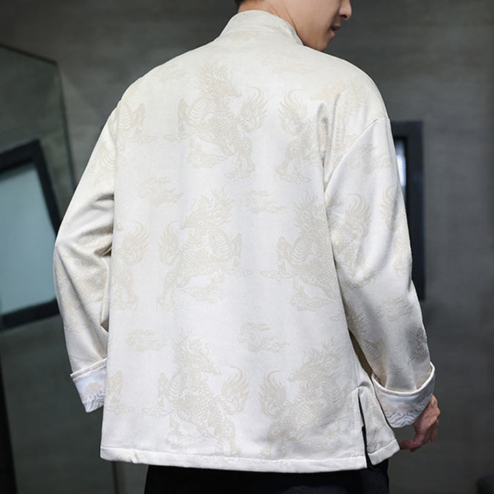 Buddha Stones da uomo con bottoni a forma di rana, camicia con tasche, abito cinese di Capodanno, stampa Kirin
