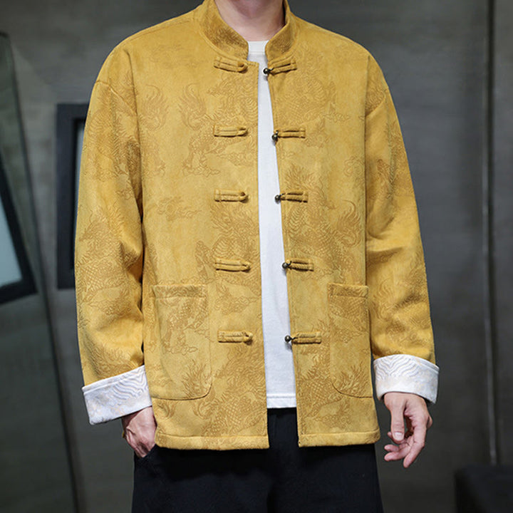 Buddha Stones da uomo con bottoni a forma di rana, camicia con tasche, abito cinese di Capodanno, stampa Kirin