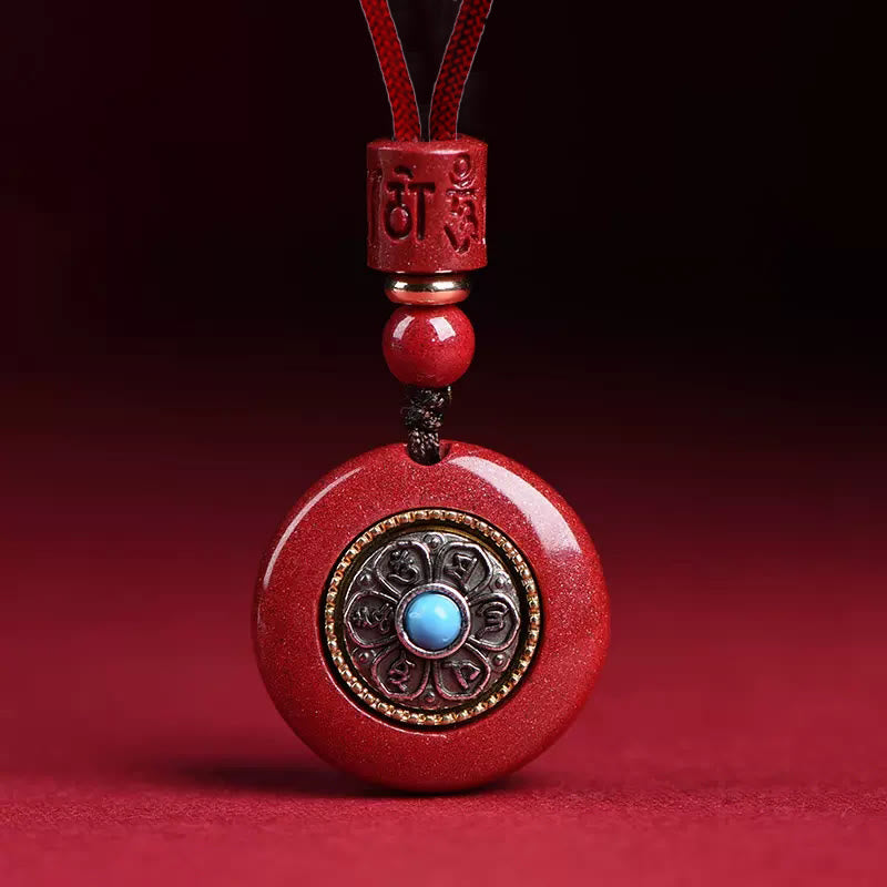 Buddha Stones Cinabro naturale Sei parole vere 'Om Mani Padme Hum' Collana con ciondolo portachiavi con cordino intrecciato e benedizione - Collana Cinabro Om Mani Padme Hum - image 1