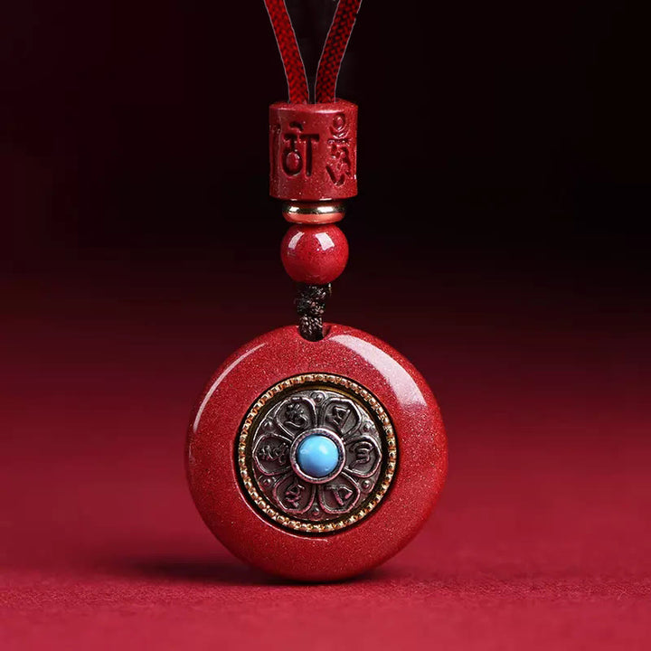 Buddha Stones Cinabro naturale Sei parole vere 'Om Mani Padme Hum' Collana con ciondolo portachiavi con cordino intrecciato e benedizione - Collana Cinabro Om Mani Padme Hum - image 1