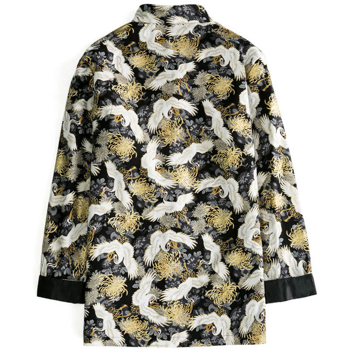 Buddha Stones Capodanno cinese Gru volante Crisantemo Rana-bottoni Tang Suit Giacca da uomo in cotone Camicia con tasche