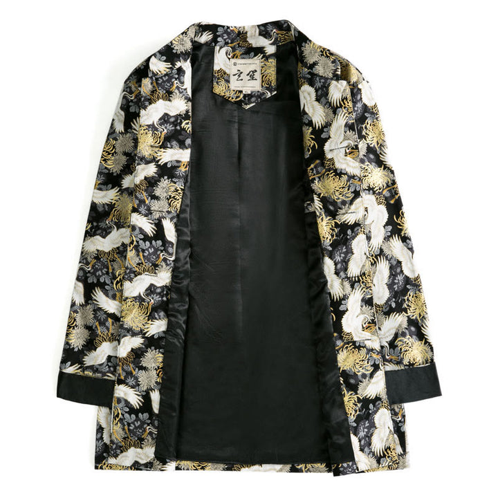 Buddha Stones Capodanno cinese Gru volante Crisantemo Rana-bottoni Tang Suit Giacca da uomo in cotone Camicia con tasche