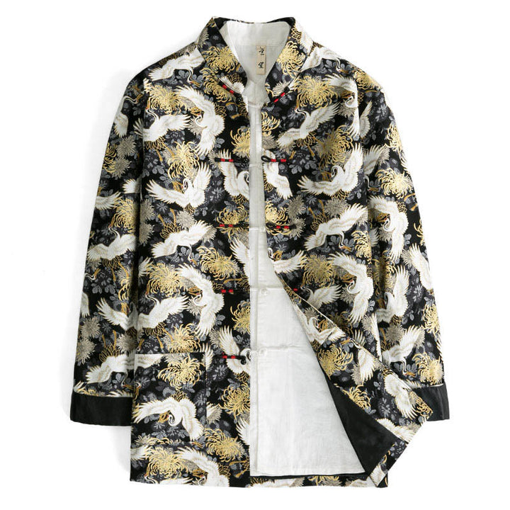 Buddha Stones Capodanno cinese Gru volante Crisantemo Rana-bottoni Tang Suit Giacca da uomo in cotone Camicia con tasche