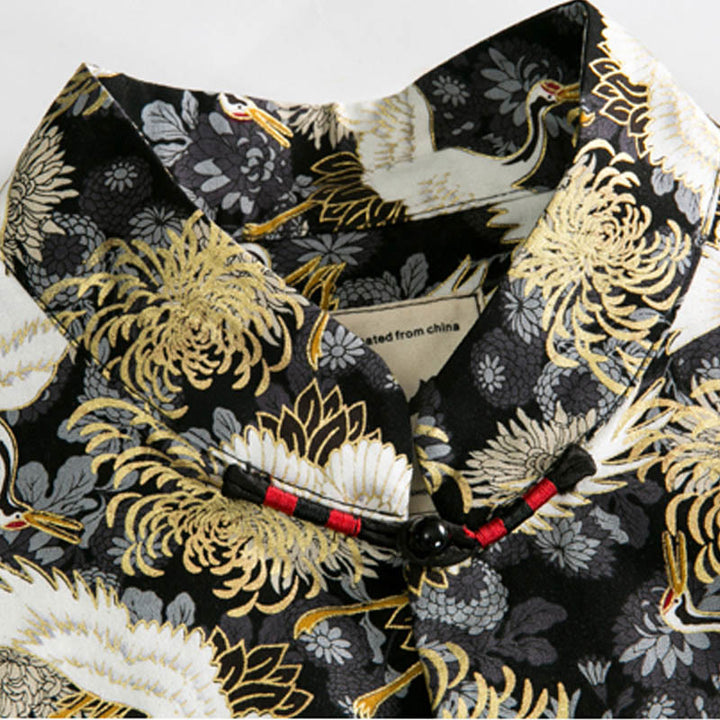 Buddha Stones Capodanno cinese Gru volante Crisantemo Rana-bottoni Tang Suit Giacca da uomo in cotone Camicia con tasche