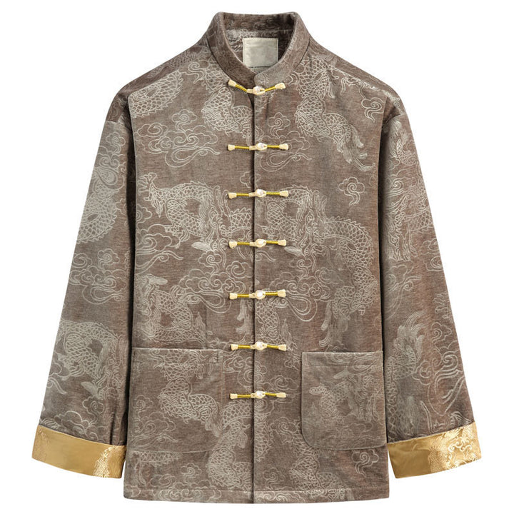 Buddha Stones Capodanno cinese Drago Nuvole di buon auspicio Rana-bottoni Tang Suit Giacca Camicia da uomo con tasche