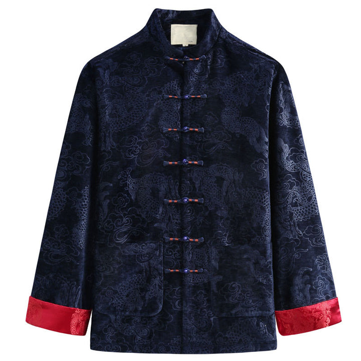 Buddha Stones Capodanno cinese Drago Nuvole di buon auspicio Rana-bottoni Tang Suit Giacca Camicia da uomo con tasche