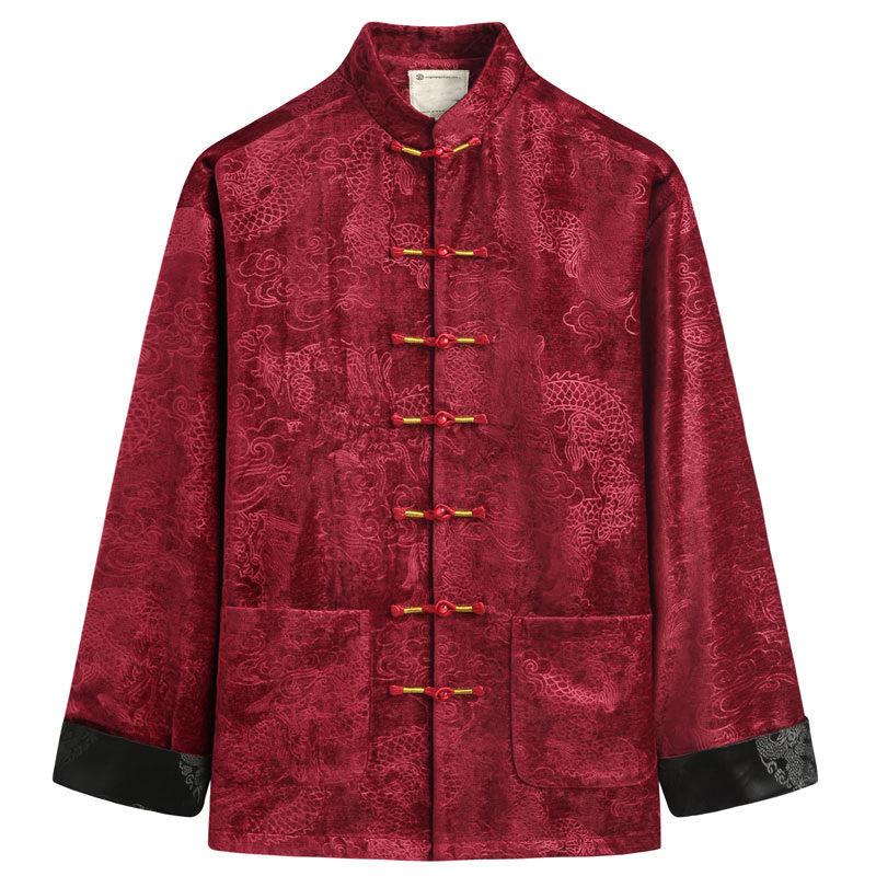Buddha Stones Capodanno cinese Drago Nuvole di buon auspicio Rana-bottoni Tang Suit Giacca Camicia da uomo con tasche